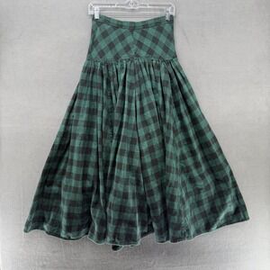 Vtg MEL Plaid Maxi Skirt S Green Buffalo Check Full Gathered Waist Zip Back